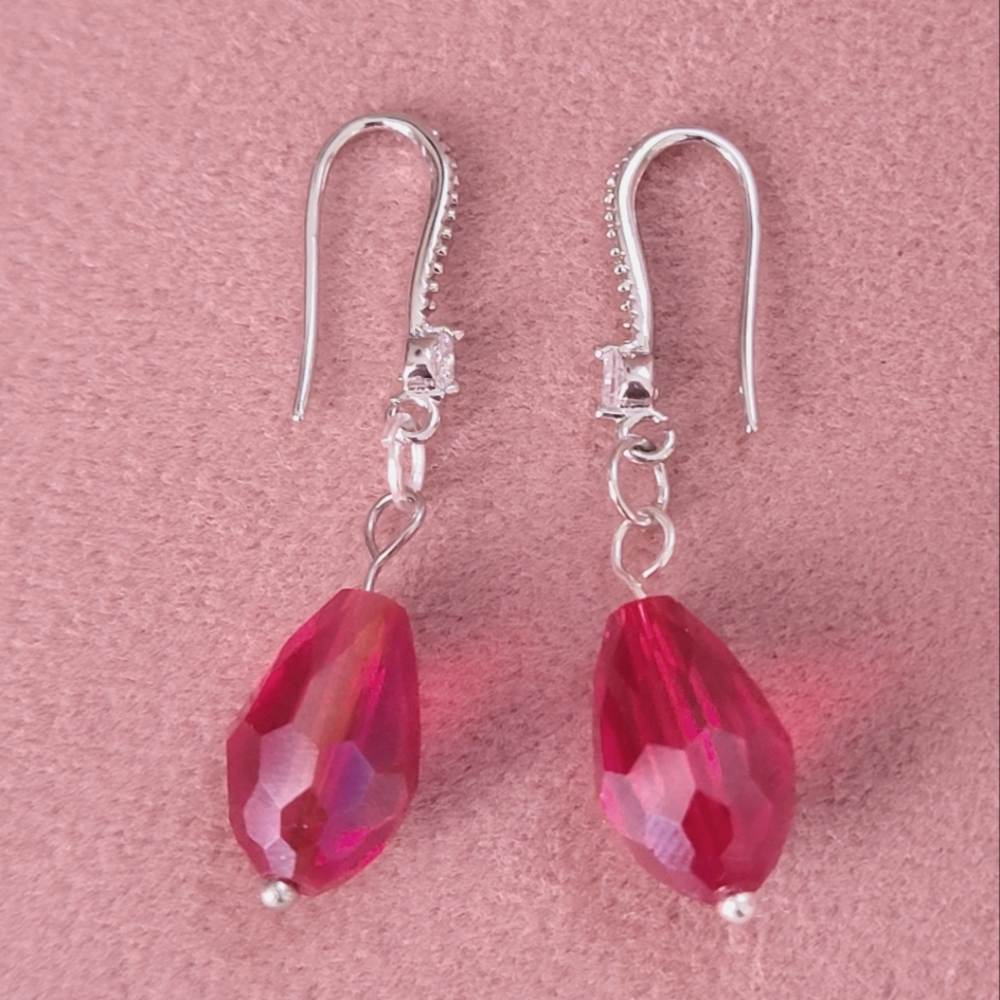925 Sterling Silver Eardrop Earring with Water Tear Drop Glass Crystal Beads